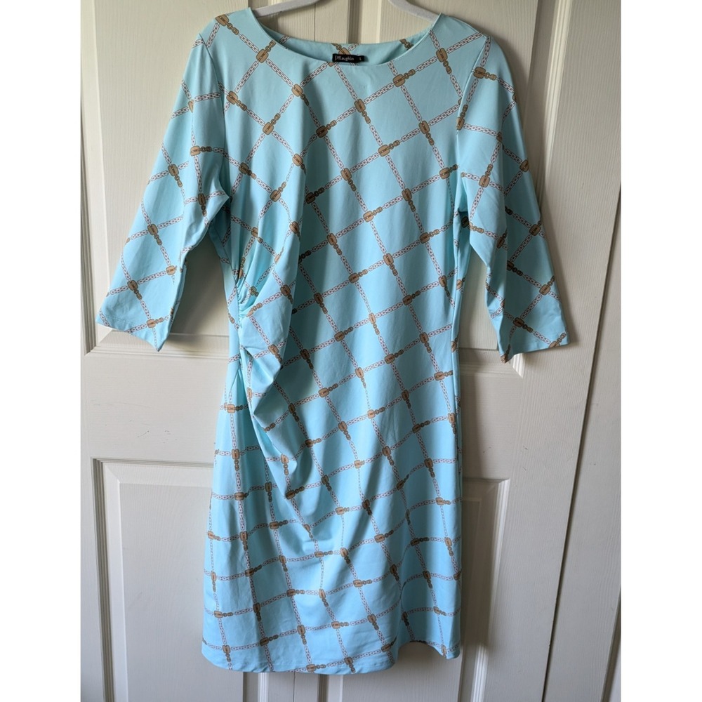 J McLaughlin Sage Dress Sz L Catalina Cloth Arbor Link 3/4 Sleeve Ruched Preppy
